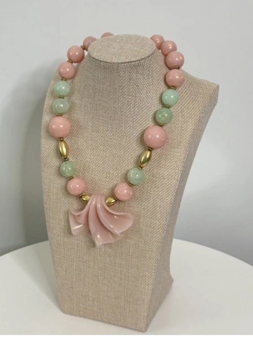 Vintage Pink and Green Celluloid Shell Beaded Necklace Gold Tone Bead Accents.